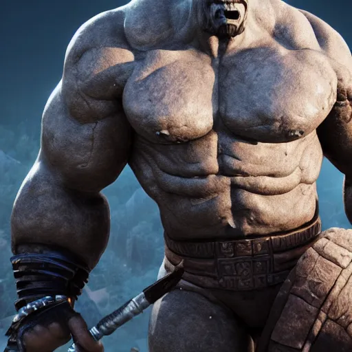 Image similar to a digital art portrait of dwayne johnson as grey stone golem barbarian with warhammer, dnd character concept, 4 k, ultra detail, volumetric lighting, unreal engine, octane render