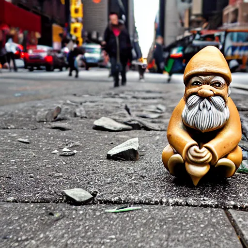 Image similar to street photograph of a broken ceramic garden gnome in new york city on a busy day. 8k resolution.