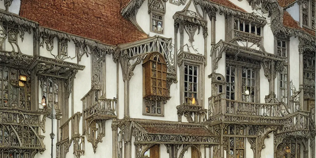 Prompt: facade of white plaster medieval timber building, fantasy matte painting, intricate detailed digital painting by walter crane and kay nielsen, sharp focus, warm lighting - t