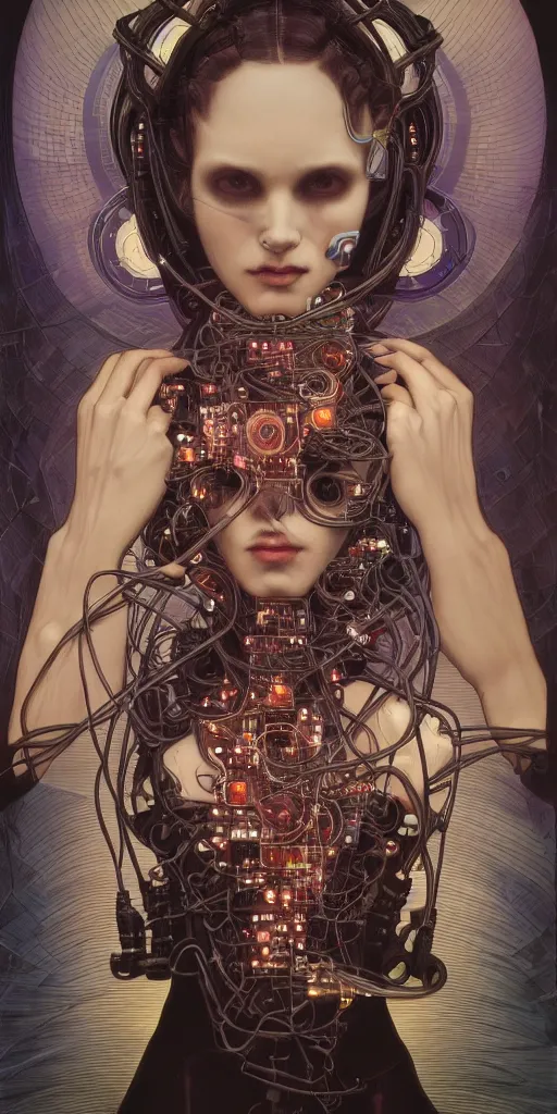 Prompt: dark cyberpunk woman amongst cables and computers by johnson tsang and alphonse mucha, portrait, fantasy, clear, soft, uhd, amazing depth, cinematic lighting
