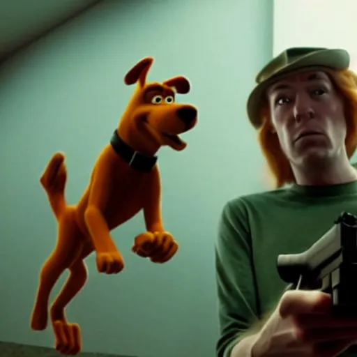 Prompt: scooby doo holding a gun, film still from the movie directed by denis villeneuve with art direction by bill ward, wide lens