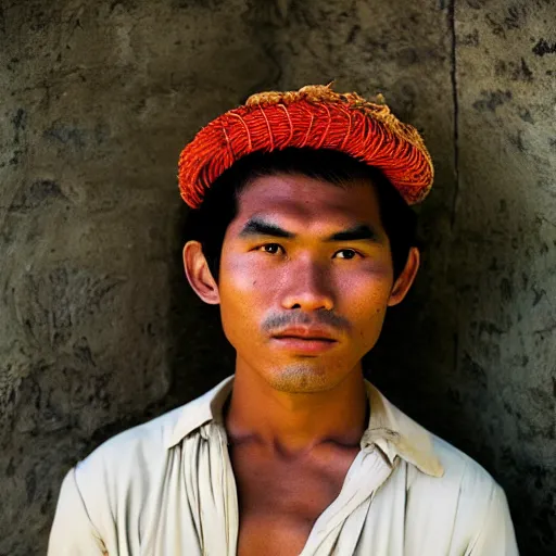 Image similar to Face of a young pre-colonial Filipino man in his 20s wearing traditional costume, photographed by Steve McCurry