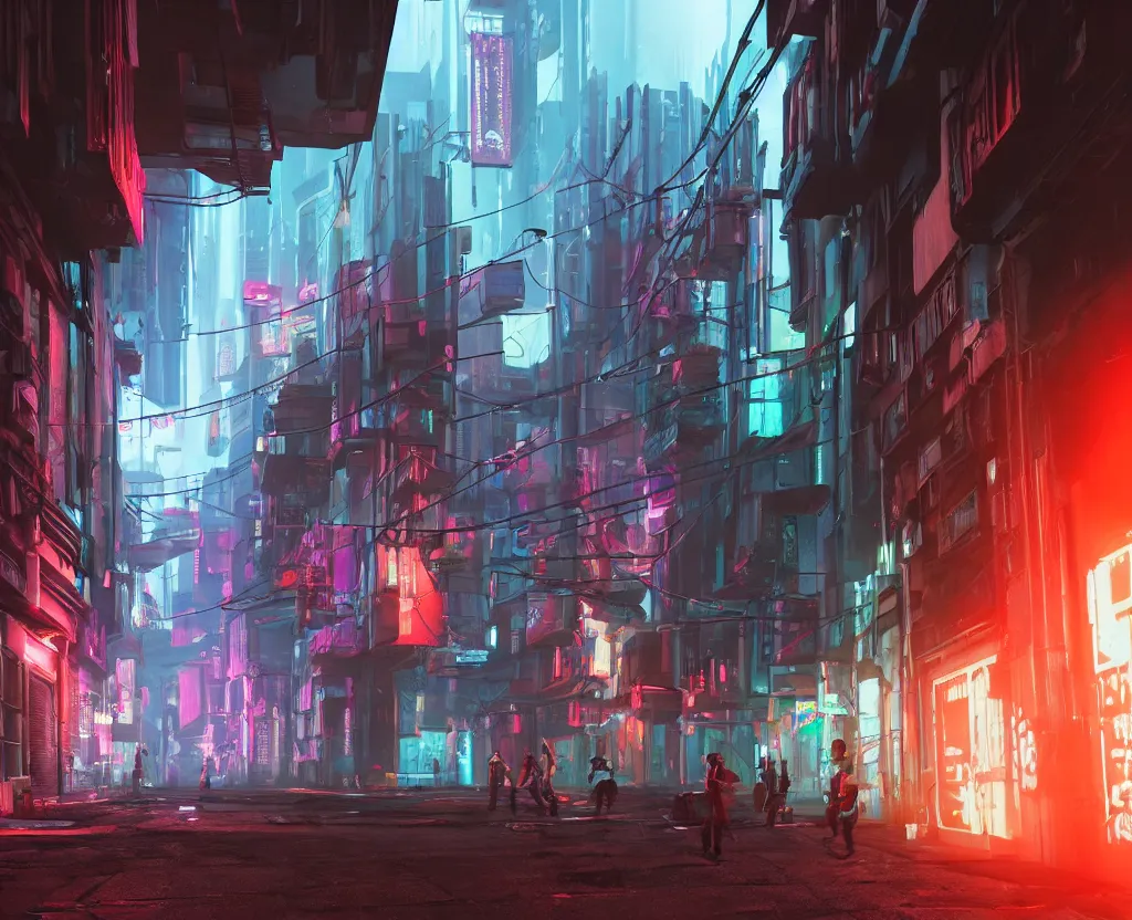 Image similar to three point perspective close wide angle shot of a matte painting environment design of cyberpunk alley with neon lights, people on the streets being monitored by flying drones, artstation, ultra realistic, volumetric lighting, 4k, octane render