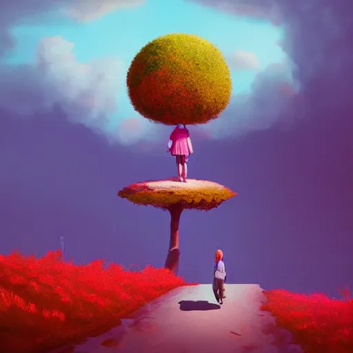 Image similar to giant cherry tree as a head, girl walking in a canyon, surreal photography, sunrise, dramatic light, impressionist painting, colorful clouds, digital painting, artstation, simon stalenhag