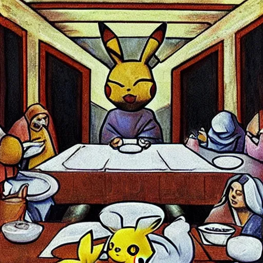 Image similar to Pikachu instead of Jesus at the Last Supper by Leonardo da Vinchi