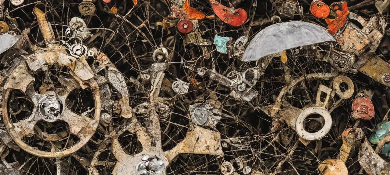 Prompt: closeup of a flower made up of automobile parts in a forest with rain