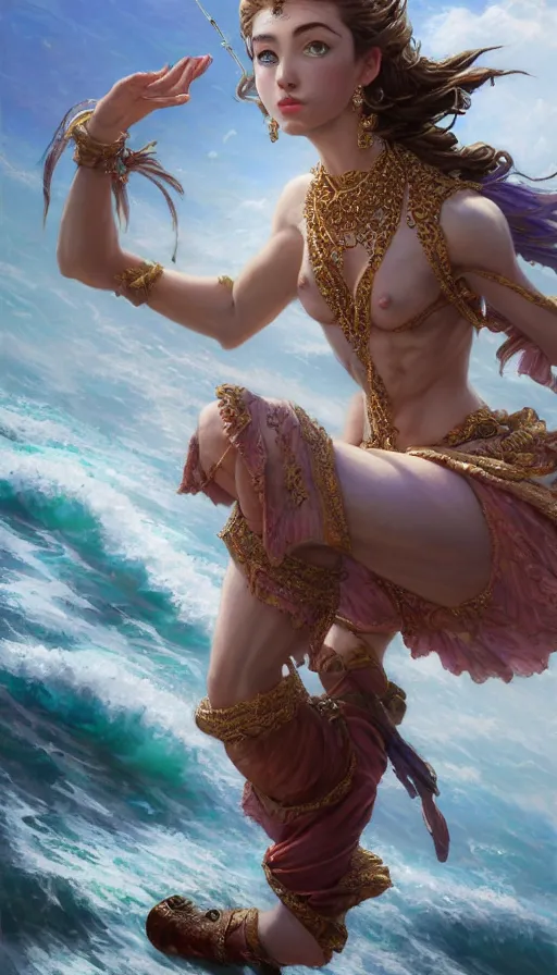 Image similar to elegant corsaire full body portrait, stern look, late xix century commodore vest, wild ocean background, intricate, highly detailed, digital painting, artstation, concept art, sharp focus, illustration, art by Artgerm, Grafit Studio, and Greg Rutkowski, Craig Mullins, Makoto Shinkai, Stanley Artgerm Lau, WLOP, Rossdraws, James Jean, Andrei Riabovitchev, Marc Simonetti, krenz cushart, Sakimichan, D&D trending on ArtStation, digital art - W 640