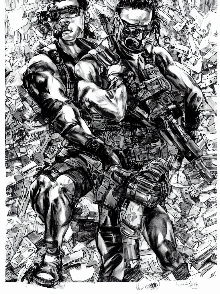 Image similar to muscular man, black vest with no shirt underneath, goggles around his neck, cargo pants, ammo belt, holding a blaster, long black hair in a ponytail, five o' clock shadow, comic book art