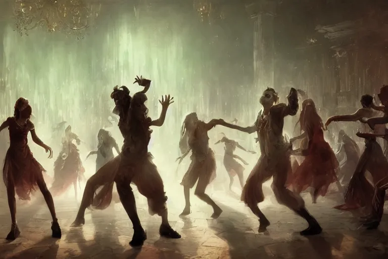 Image similar to Well-groomed zombies dancing in a banquet hall on the dance floor, feeling good as loud music plays, trending on artstation, 4k, 8k, illustrated by Greg Rutkowski and Gaston Bussiere, artstation digital, artstation serene