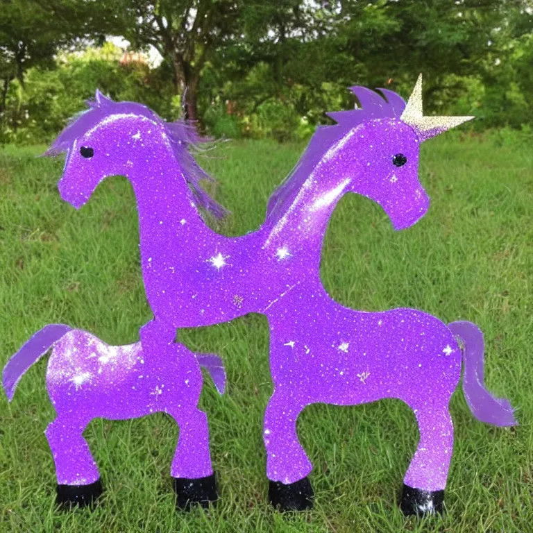 Prompt: a child's purple sparkling unicorn small and cheaply made