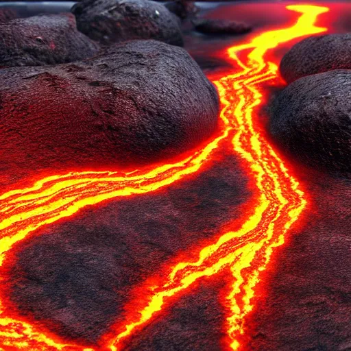 Image similar to 8 k hd detailed octane render of a river of molten magma following from a volcano