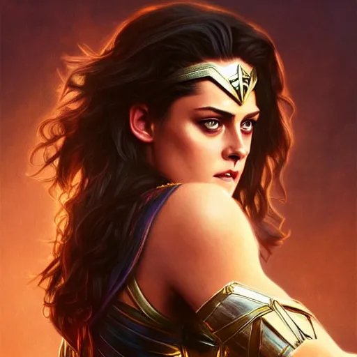 Image similar to Beautiful Kristen Stewart as Wonder Woman, western, D&D, fantasy, intricate, elegant, highly detailed, digital painting, artstation, concept art, matte, sharp focus, illustration, art by Artgerm and Greg Rutkowski and Alphonse Mucha