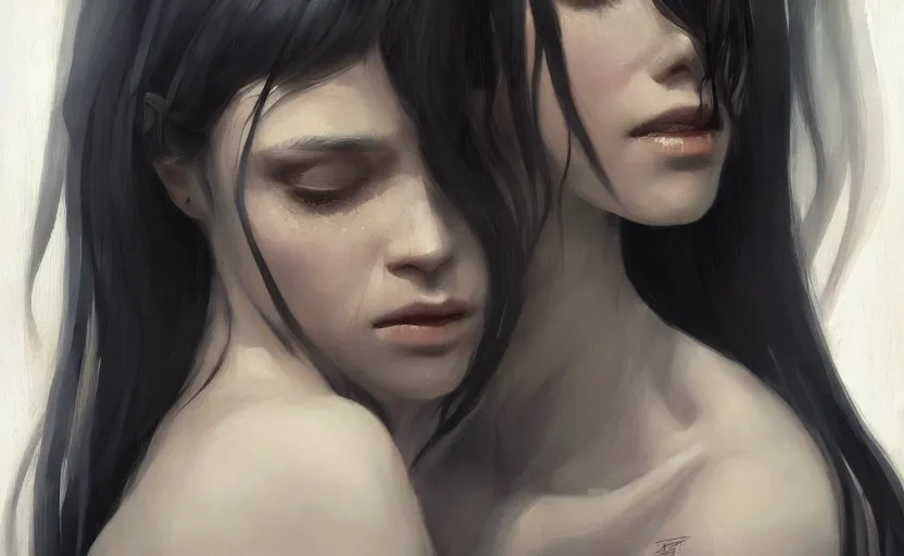 Prompt: a painting of aki trending on artstation in the style of greg rutkowski, beautiful, sensuality, natural skin, horns on head, long black hair, portrait