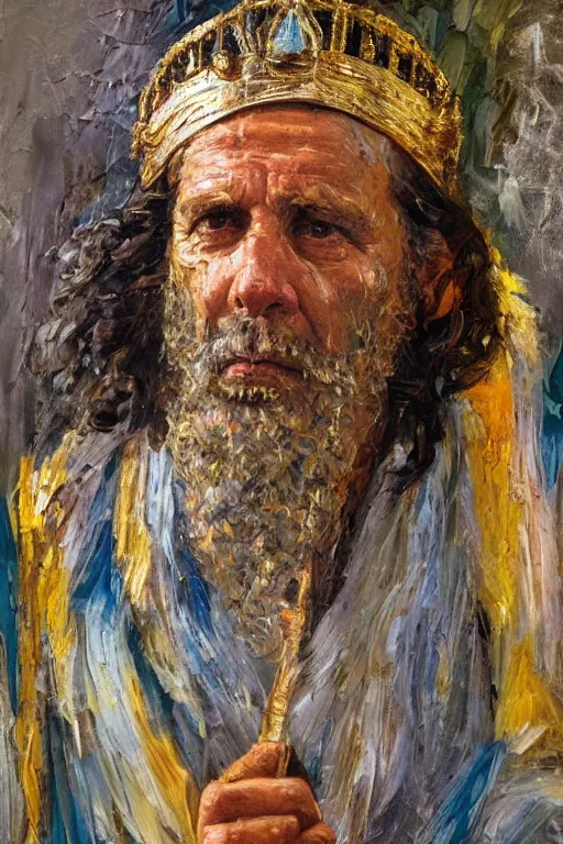 Prompt: highly detailed palette knife oil painting of a historically accurate depiction of the ancient biblical israeli king solomon, wealthy, wise, by Peter Lindbergh, impressionistic brush strokes, painterly brushwork