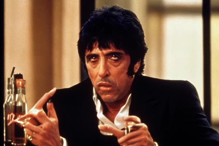 Image similar to tony montana from movie scarface 1 9 8 3 sitting at a big black oak table with big packages of flour. next to the night window. al pacino. perfect symmetric face, coherent eyes, medium shot, fine details, 4 k, ron cobb, cinestill