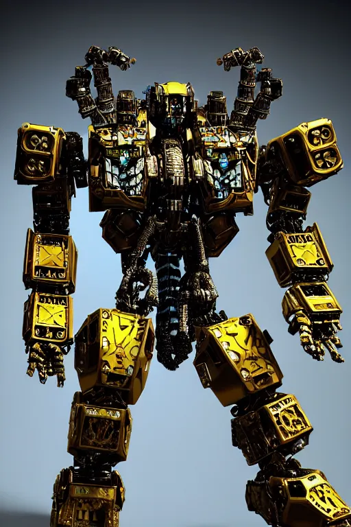 Image similar to a intricate ornate boxing humanoid mecha, punk, by war robots, real steel ( 2 0 1 1 ), westworld and pacific rim movie and ps 5 game machine warrior 5, cryengine, frostbite 3 engine, blue and yellow scheme, sharp focus, 8 k, high definition, insanely detailed, soft lighting, smooth face