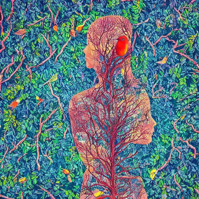 Image similar to human with the sea and the forest inside, veins diverge through the body like rivers filmed on a satellite, a person is decorated with wild berries, a beautiful bird is looking at him next, colorful picture