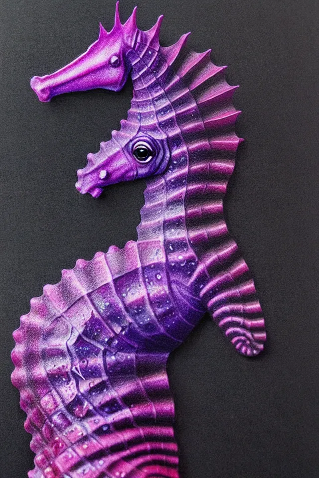 Prompt: a portrait statue of a purple seahorse, black paper, beautiful intricate painting by kokaris