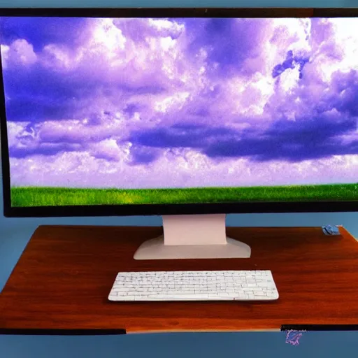 Prompt: realistic panting of a desk on a purple field blue clouds highly detailed trending on art station
