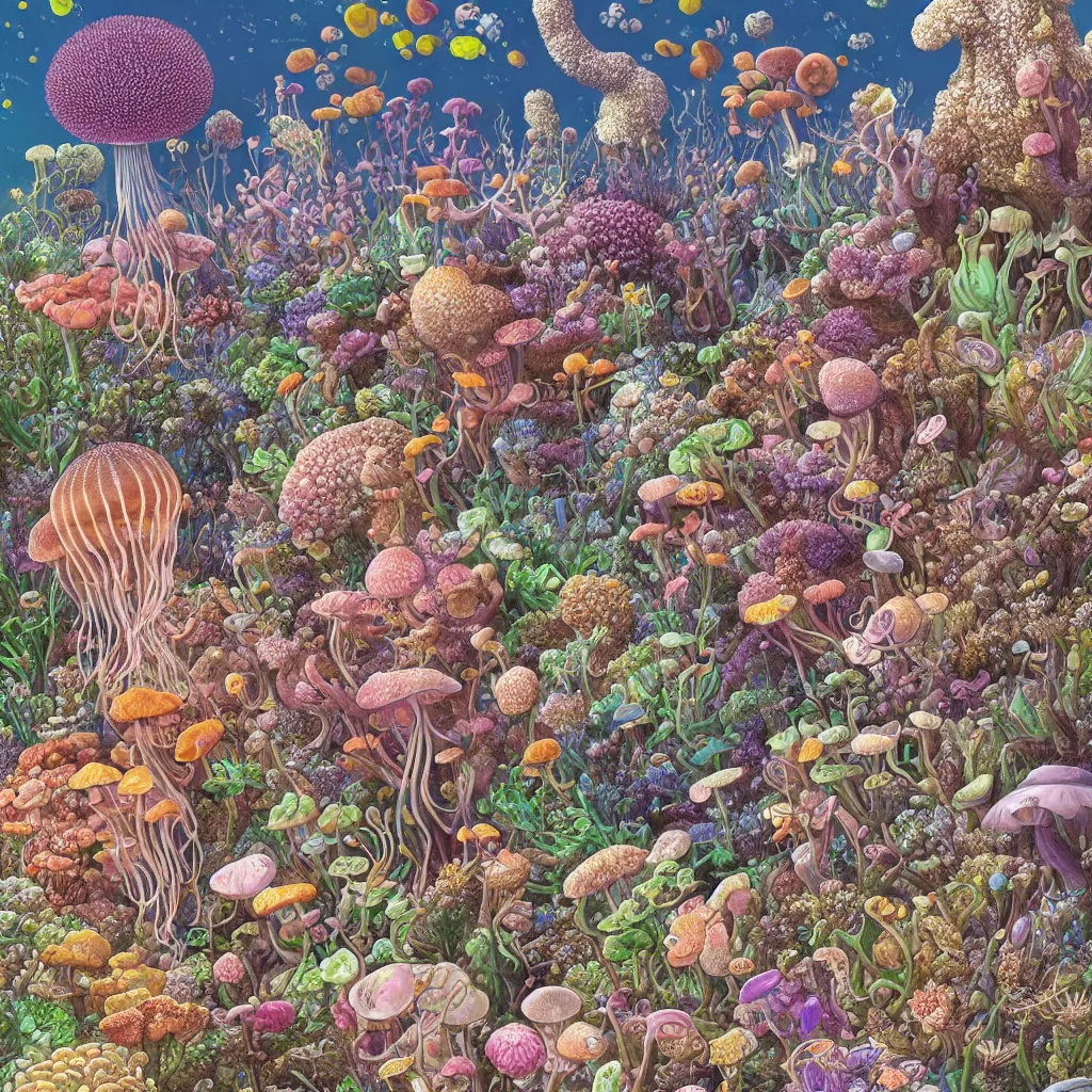 Image similar to highly detailed illustration of all the known species of plants, flowers, corals, mushrooms and jellyfish by juan gatti, by makoto shinkai, by moebius!, by oliver vernon