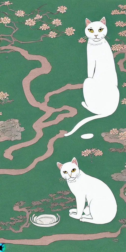 Image similar to white cat in center of an ancient japanese garden, in the style of victo ngai, animal portrait