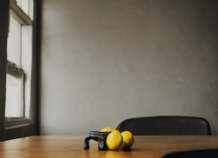 Image similar to dark macabre liminal room, lemon sits idly on a centered table, eerie atmosphere, dark dramatic lighting, trending on unsplash, 4 k photorealism