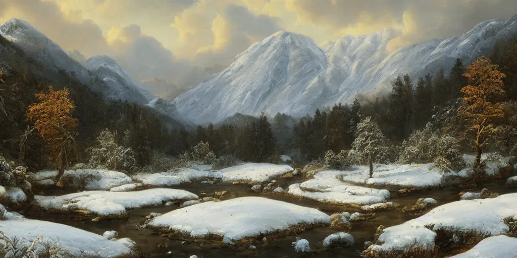 Prompt: a beautiful landscape painting of a mountainous valley with patches of woodland, heavy snow fall, by antony bridge, oil on canvas, highly detailed, hd, 4 k