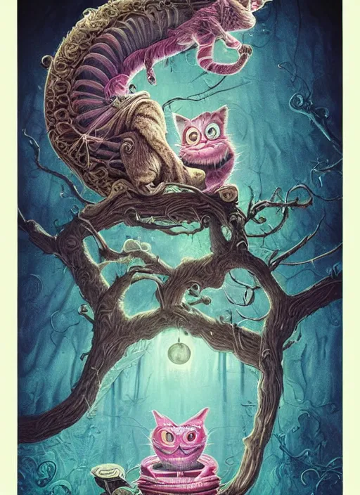 Image similar to cheshire cat the magician tarot card, highly detailed, cinematic, 8 k, bymegan duncanson, benjamin lacombe, naoto hattori, adrian borda, giger, trending on deviantart, hyper detailed, horror, full of colour
