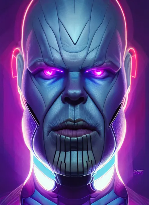 Image similar to symmetry portrait of thanos, sci - fi, tech wear, glowing lights intricate, elegant, highly detailed, digital painting, artstation, concept art, smooth, sharp focus, illustration, art by artgerm and greg rutkowski and alphonse mucha