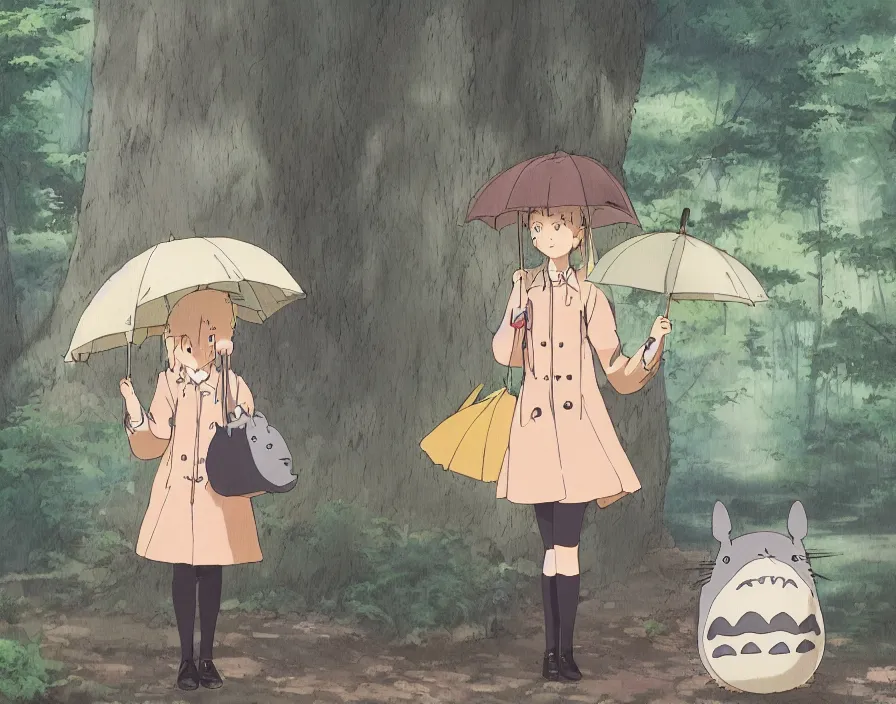 Prompt: A female Retzling with short blond air, standing with big Totoro at a japanese bus stop, holding an umbrella, in the dark forest, rainy night, film screenshot, Studio Ghibli, Hayao Miyazaki,trending on artstation,