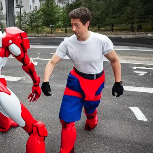 Prompt: epic evangelion fight scene of Zelensky and putin