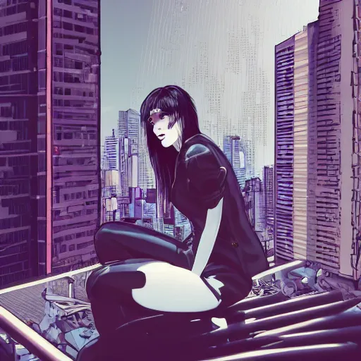 Prompt: young punk woman with short white fringe. grey eyes. Sitting on a rooftop ledge overlooking a cyberpunk city skyline. Album art. In the style of Aeon Flux.