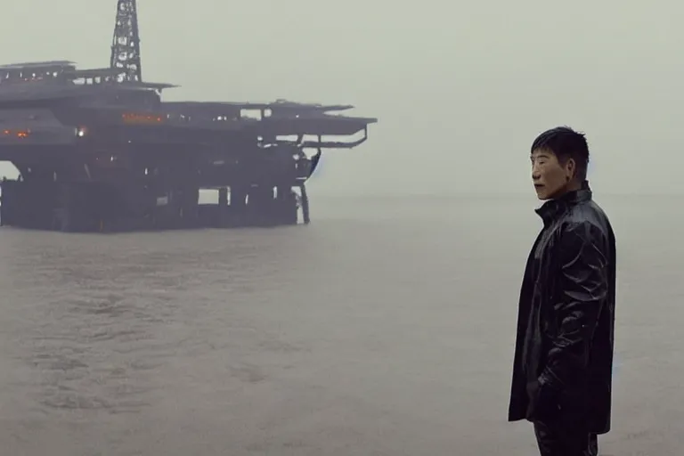 Prompt: a still from bladerunner 2 0 4 9 depicting a long shot photograph of a handsome asian man wearing wet weather gear. he stares intently into the camera with a worried expression. behind him is a futuristic oil rig in the deep ocean. sci fi, futuristic, cinematic, low light, soft focus.