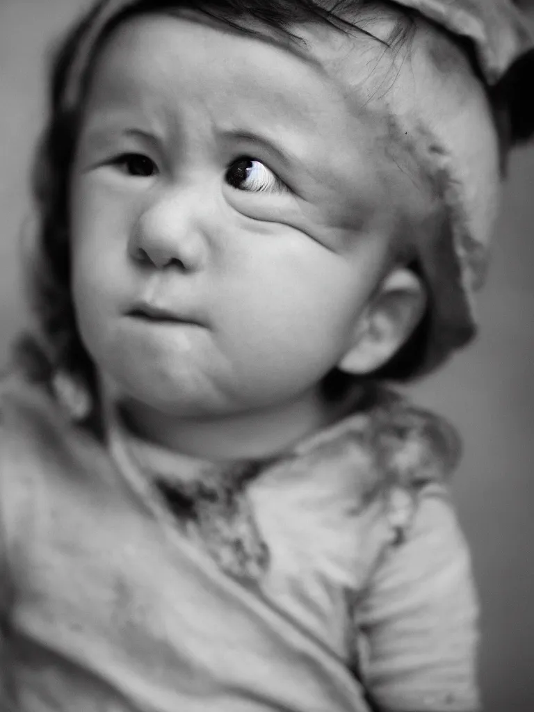 Image similar to High resolution black and white portrait with a 35 mm F/5.0 lens of a child in Soviet Russia with closed eyes and a sad face about to cry.