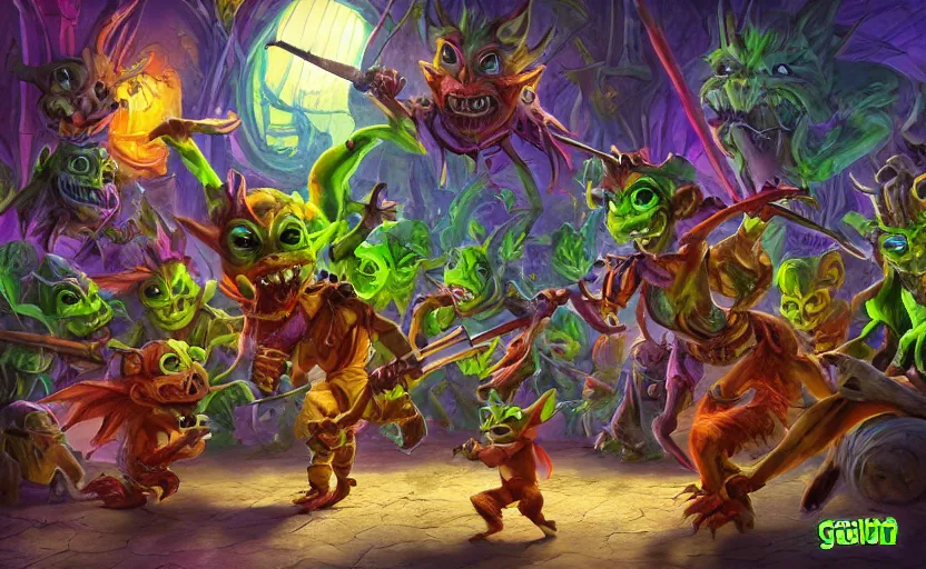 Prompt: goblins dancing in a colorful dungeon, cover art, epic composition, 4K Ultra HD