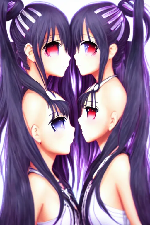 Prompt: two beautiful female idols with twintails facing each other, dark background, detailed anime art