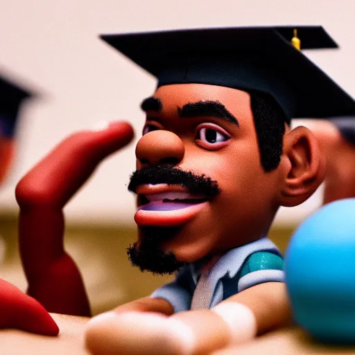 Image similar to a cinematic film still of a claymation stop motion film starring chance the rapper as a college student, shallow depth of field, 8 0 mm, f 1. 8