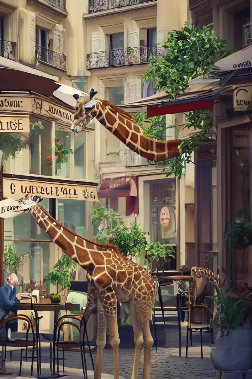 Image similar to a giraffe with big eyes looking for a cup of coffee in beautiful morning café in Paris. Pixar Disney 4K 3d render funny animation movie Oscar winning trending on ArtStation and Behance. Ratatouille style.