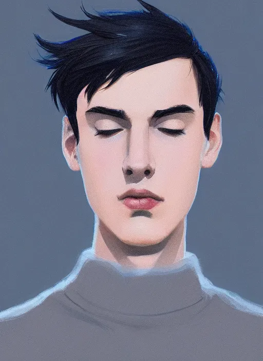 Image similar to portrait of teenage jughead jones wearing a light grey crown, crown, blue turtleneck, closed eyes, eyes closed, slight smile, black hair, intricate, elegant, glowing lights, highly detailed, digital painting, artstation, concept art, smooth, sharp focus, illustration, art by wlop, mars ravelo and greg rutkowski