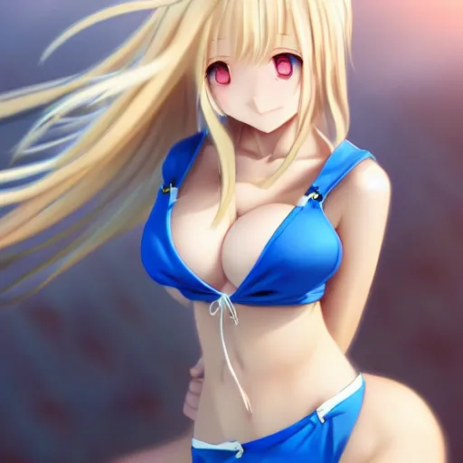 Prompt: a very beautiful young anime giantess, from below perspective,, full body, long wavy blond hair, sky blue eyes, full round face, evil grin, bikini, miniskirt, front view, mid - shot, highly detailed, cinematic wallpaper by stanley artgerm lau