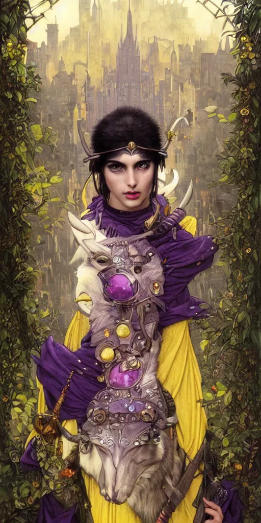 Image similar to hyper realistic Princess Mononoke in her mask, busy metropolis, city landscape, wolves, magic, castle, jewels, style of tom bagshaw, mucha, james gurney, norman rockwell, gems and gold, waterfalls, denoised, sharp, yellow purple and black colours,