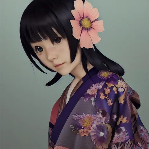 Prompt: Clothed kimono. realistic style at CGSociety by WLOP,ilya kuvshinov,krenz cushart,Greg Rutkowski,trending on artstation.Zbrush sculpt colored,Octane render in Maya,Houdini VFX.Realistic fantasy cute young girl who is dark disciple,expressing joy,wearing kimono, silky hair, blue eyes.Oil painting.Cinematic dramatic atmosphere,sharp focus,soft volumetric studio lighting.