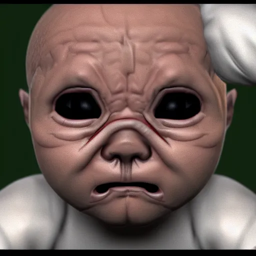 Image similar to realistic 3d render of crying Isaac from the videogame 'The Binding of Isaac'