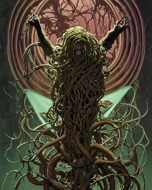 Image similar to the platonic ideal of flowers and roots of cletus kasady ultimate carnage dementor doctor doom gorgon chtulu nazgul, charybdis, medusa detailed, intricate, hyperrealism, intense, scary, decay, dmt, art by brock hofer and artgerm, moebius, greg rutkowski, alphonse mucha