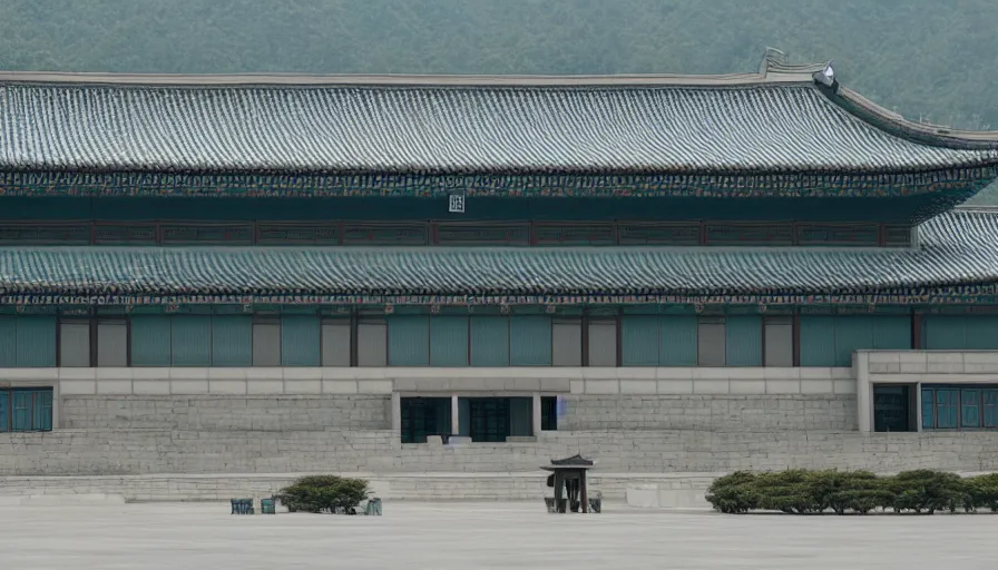 Prompt: 2010s movie still of empty north-korean royal restaurant palace, Leica SL2 50mm, high quality, higly detailed