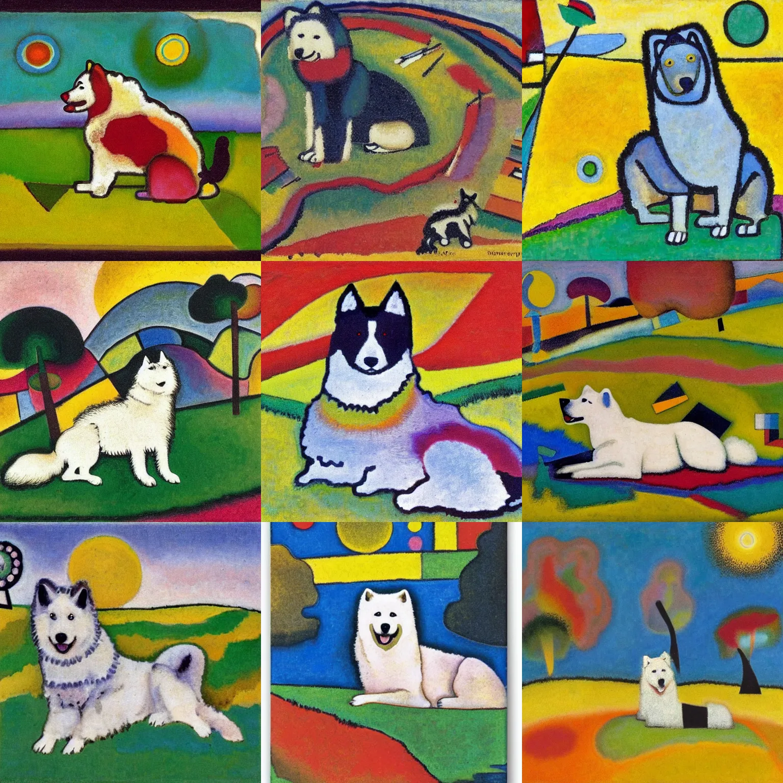 Prompt: a samoyed dog sitting in the middle of sunny meadow, by wassily kandinsky