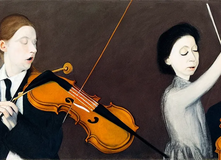 Image similar to portrait of two young violin players getting ready to perform looking here, francis bacon and pat steir and hilma af klint and james jean, psychological, photorealistic, intriguing details, rendered in octane, altermodern