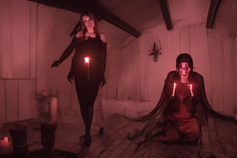 Prompt: VFX movie of ascending goth woman in the attic, demonic magic ritual, candle lit, glowing eyes by Emmanuel Lubezki