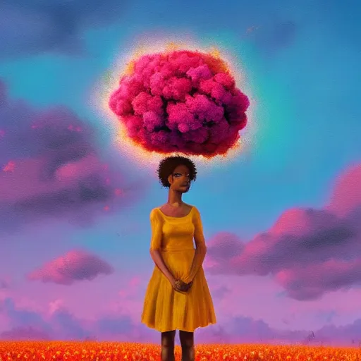 Image similar to girl with flower afro, standing in a field with flowers, surreal photography, hills, big trees, sunrise dramatic light, impressionist painting, colorful clouds, digital painting, pointillism, artstation, simon stalenhag