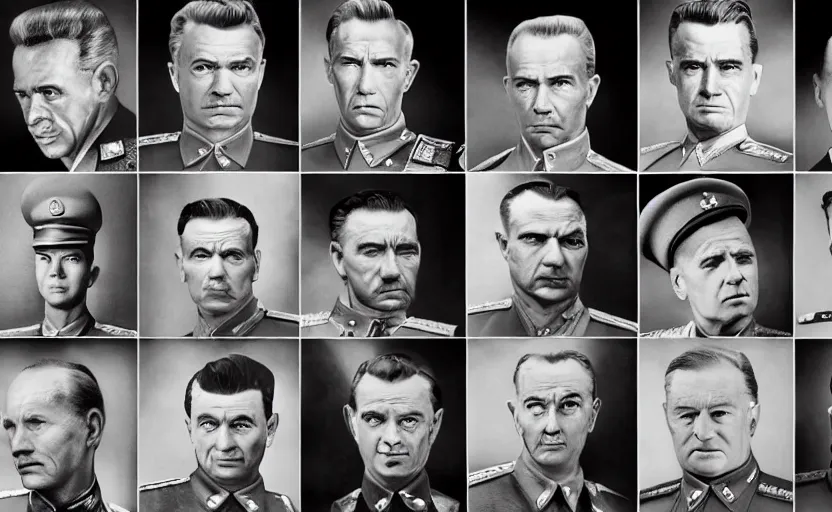 Image similar to 50s movie still full lenght portrait of very diverse soviet generals with very detailed faces, by Alexei Guerman , Cinestill 800t 35mm black and white, heavy grainy picture, very detailed, high quality, 4k, HD criterion, precise texture, diversity of faces